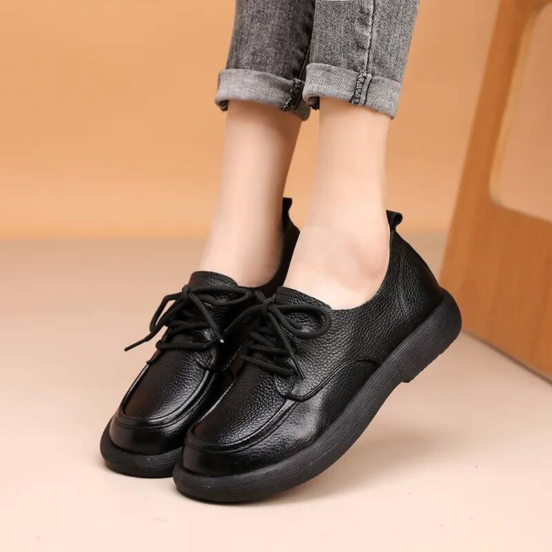 Ddmyoutdoor Spring New Women Genuine Leather Retro Fashion Loafers Soft Bottom British Comfortable Lace Up Anti Slip Casual Shoes Outdoor Shoes