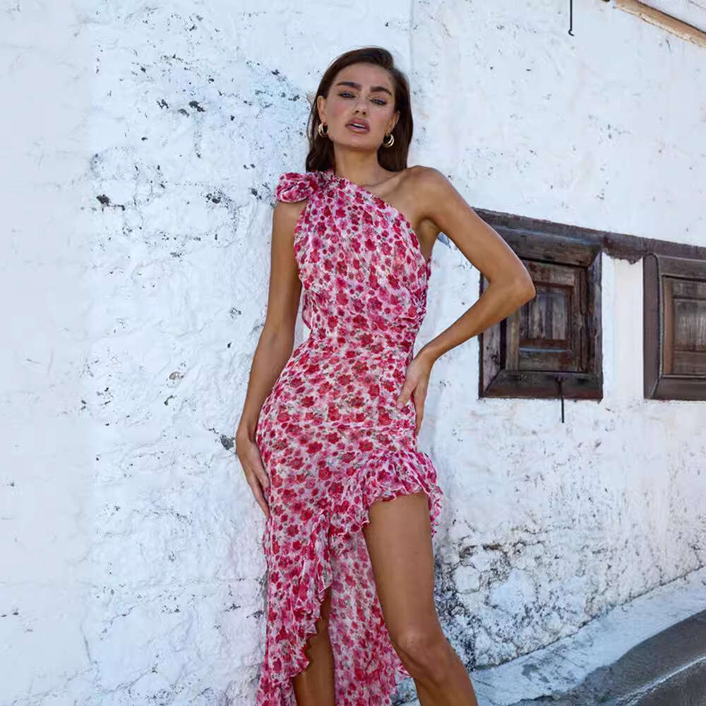 Summer Hot Sale New Fashion Asymmetric Neck Ruffle Irregular Vacation Style Floral Long Dress B5