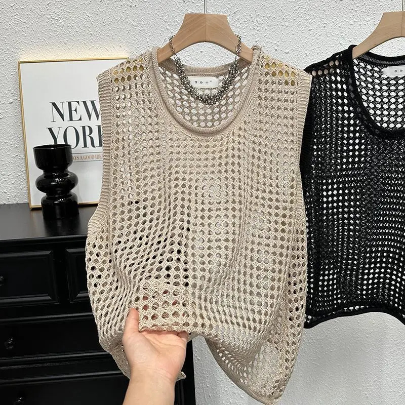 Hollow-out Thin Knit Summer Style Vest Loose Tank Top Round Neck Short and Versatile Top 250605