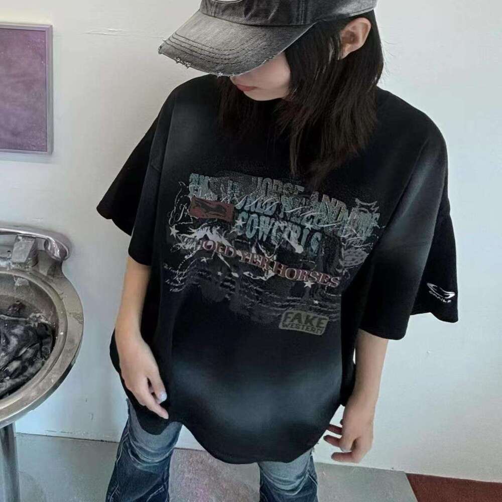 Niche Brand G/R 24ss American Washed Vintage Printed Slogan Short Sleeve T-Shirt Unisex Trend