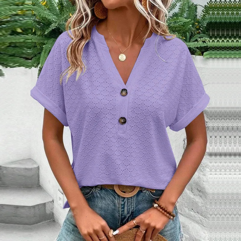 Fashion Women Blouses Casual Jacquard Button V-Neck Solid Loose Shirts Summer Short Sleeve Oversized Tops Female 250605