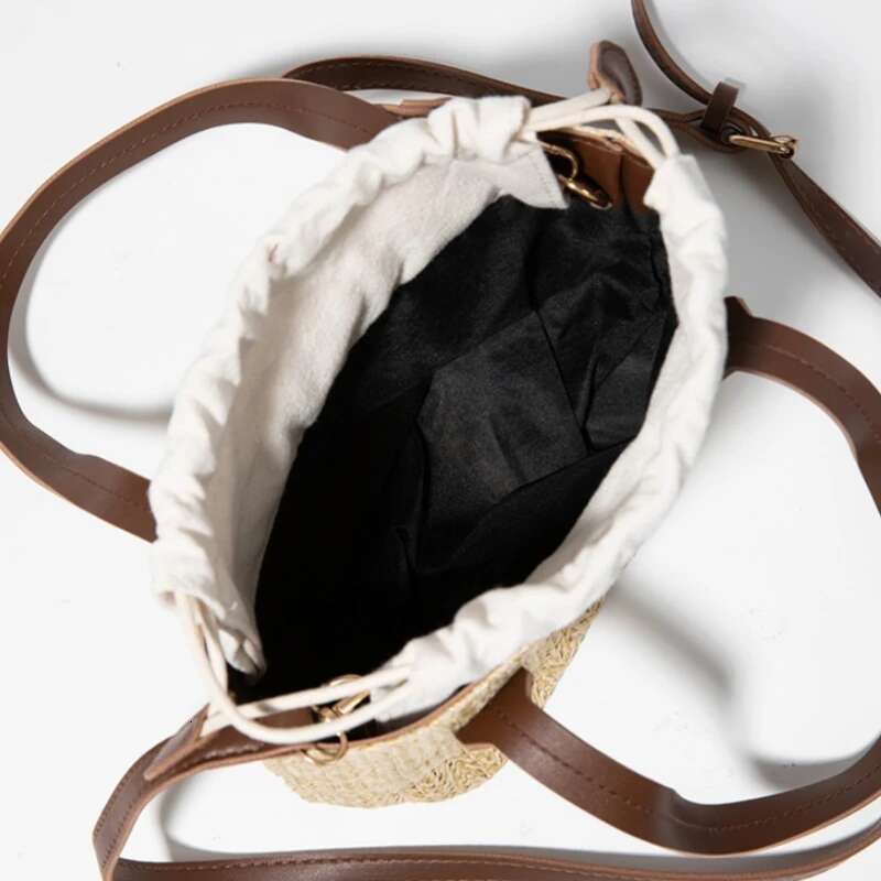 Meet You Summer Woman Straw Braided Bucket Casual Drawstring Handbag Weekend Vacation Beach Bag Small Tote Purses Crossbody