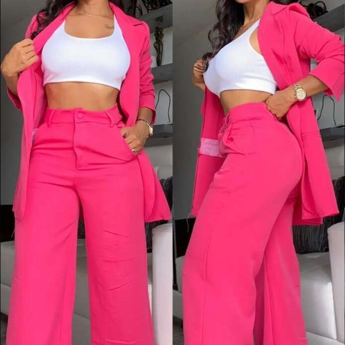 Women's Elegant Pure Color Split Sleeve Lapel Blazer With Pocket Straight Pants Set B5