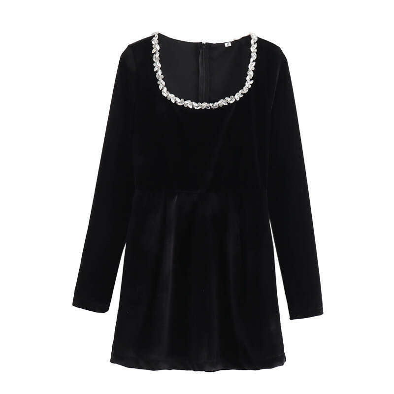 Women's Autumn Winter New Rhinestone Embellished Long Sleeve French Waist-Cinching Elegant Velvet Mini Dress B5