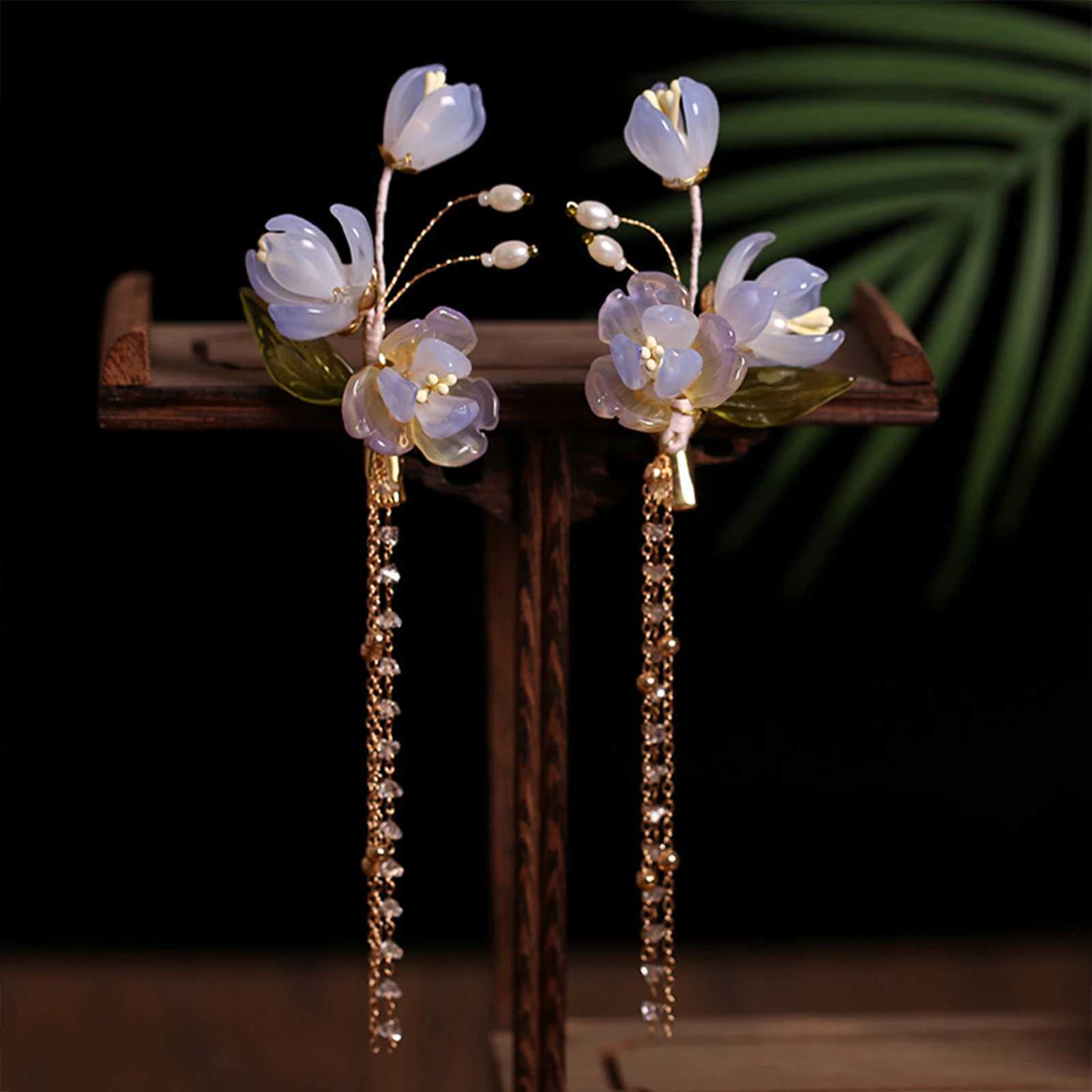 2pcs Pearl Tassel Hair Clip Purple Flower Hairpin Chinese Hanfu Hair Accessories Fairy Step Shaking Vintage Wedding Hair Jewelry Z250605