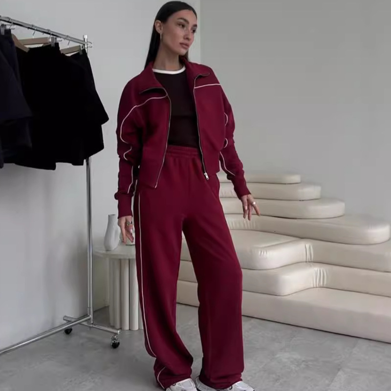 New Autumn Casual Suit for Women Long Sleeve Zipper Sweatshirt Jacket Striped Elastic Pants Two-Piece Set