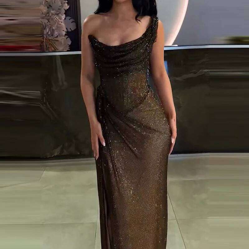 Casual Club Party Sequin Long Fashion Asymmetric Slim Off Shoulder Ladies Sexy Sleeveless Hollow Out Tail Dress