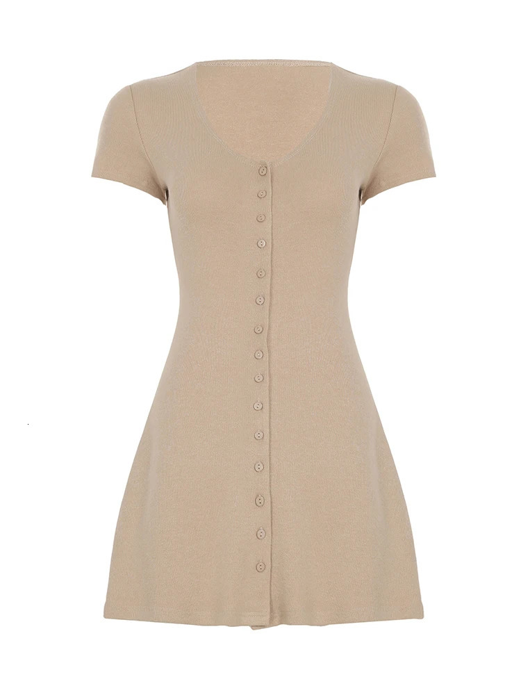 Weekeep Casual Solid A-line Mini Dress Summer Button-up V Neck Short Sleeve Dresses for Women y2k Vintage Clothing Elegant Lady 250605