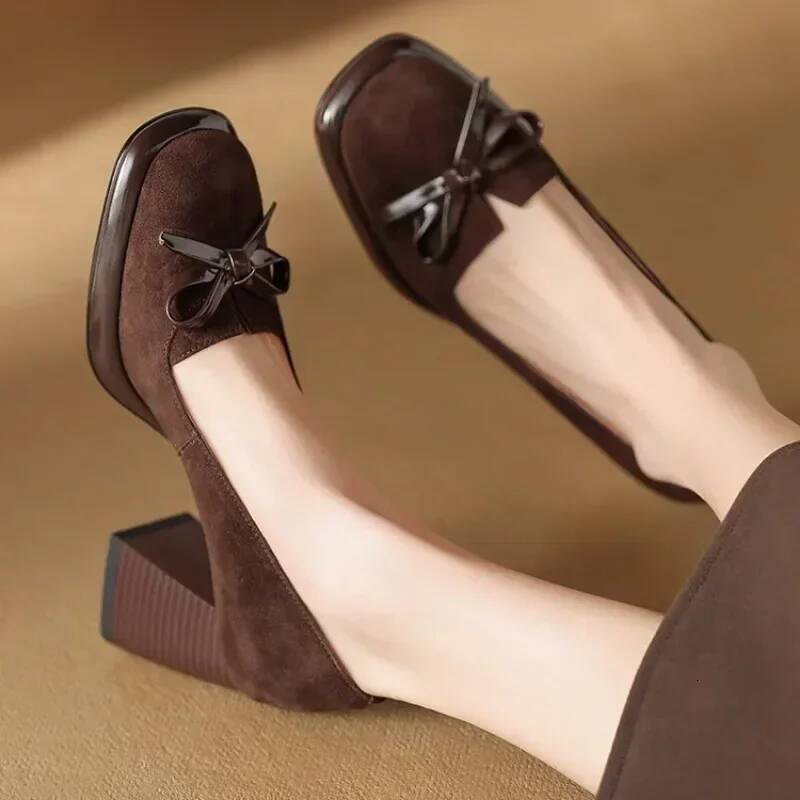 Ddmyoutdoor Women S Shoes Retro High Heels Butterfly Knot Square Heel Faux Suede Commuting Elegant Cm Pumps Para Mujer Outdoor Shoes