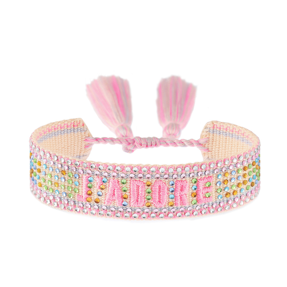 Colorful Diamond Embroidered Braided Bracelet Women Rhinestone Letter Fringe Wristband Jewelry
