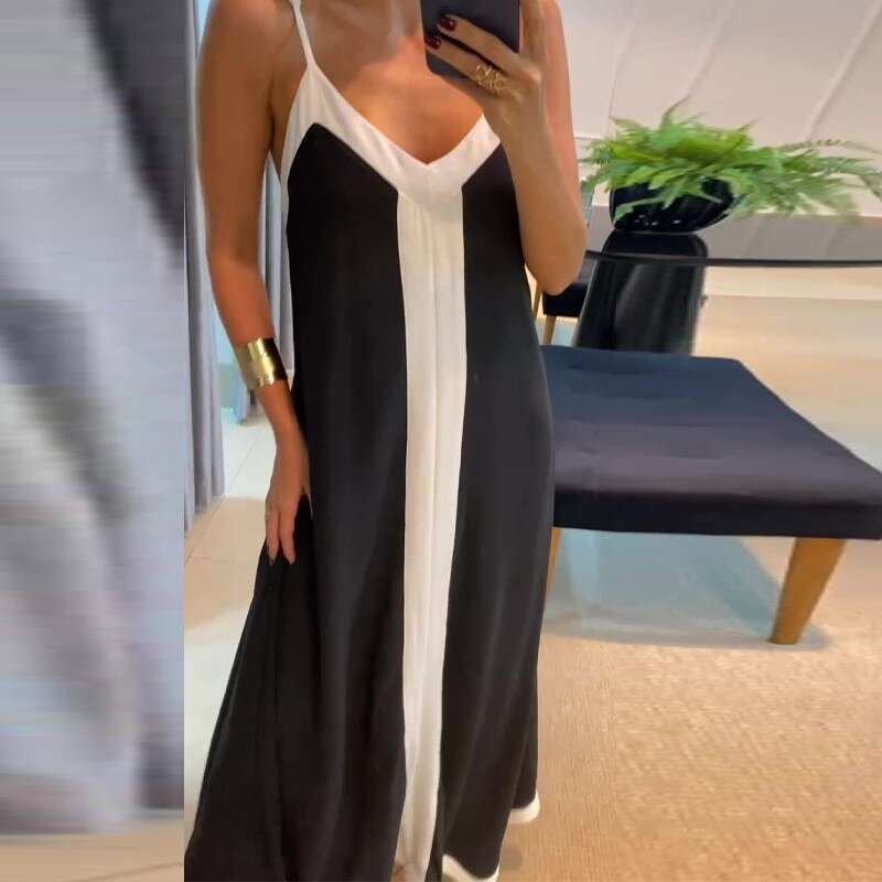 Women's Fashion Elegant Color-Block V-Neck Long Slip Dress B5