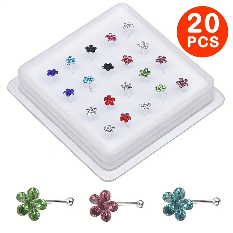 20pcs Colorful Plum Flower Rhinestone Nose Studs Elegant Cute Floral n Synthetic Zirconia Copper Material Perfect 250605