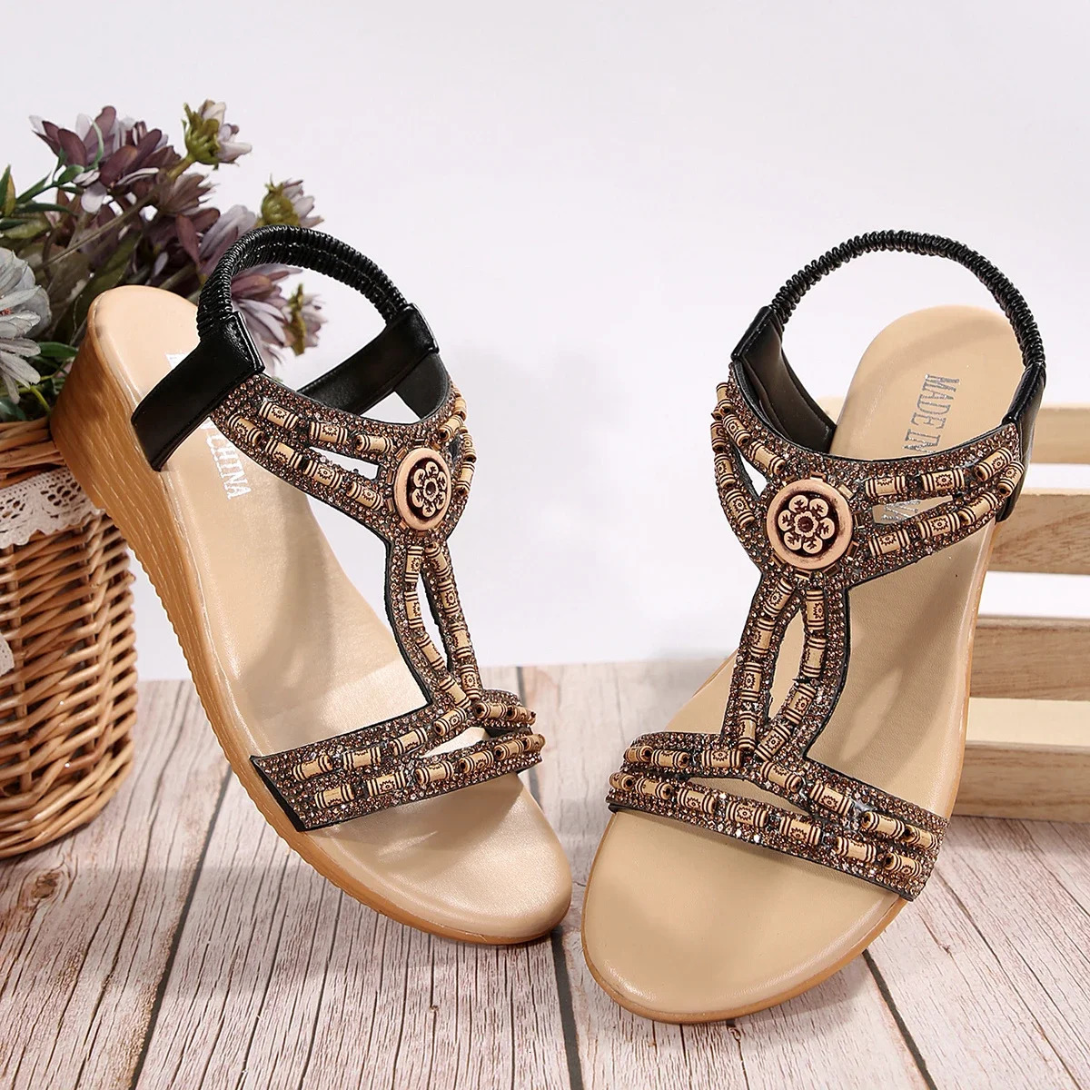 Bohemian Beaded Wedges Sandals Women 2025 Fashion Slip On Summer Beach Shoes Woman Platform Heels Plus Size 42 Sandalias Mujer 250605