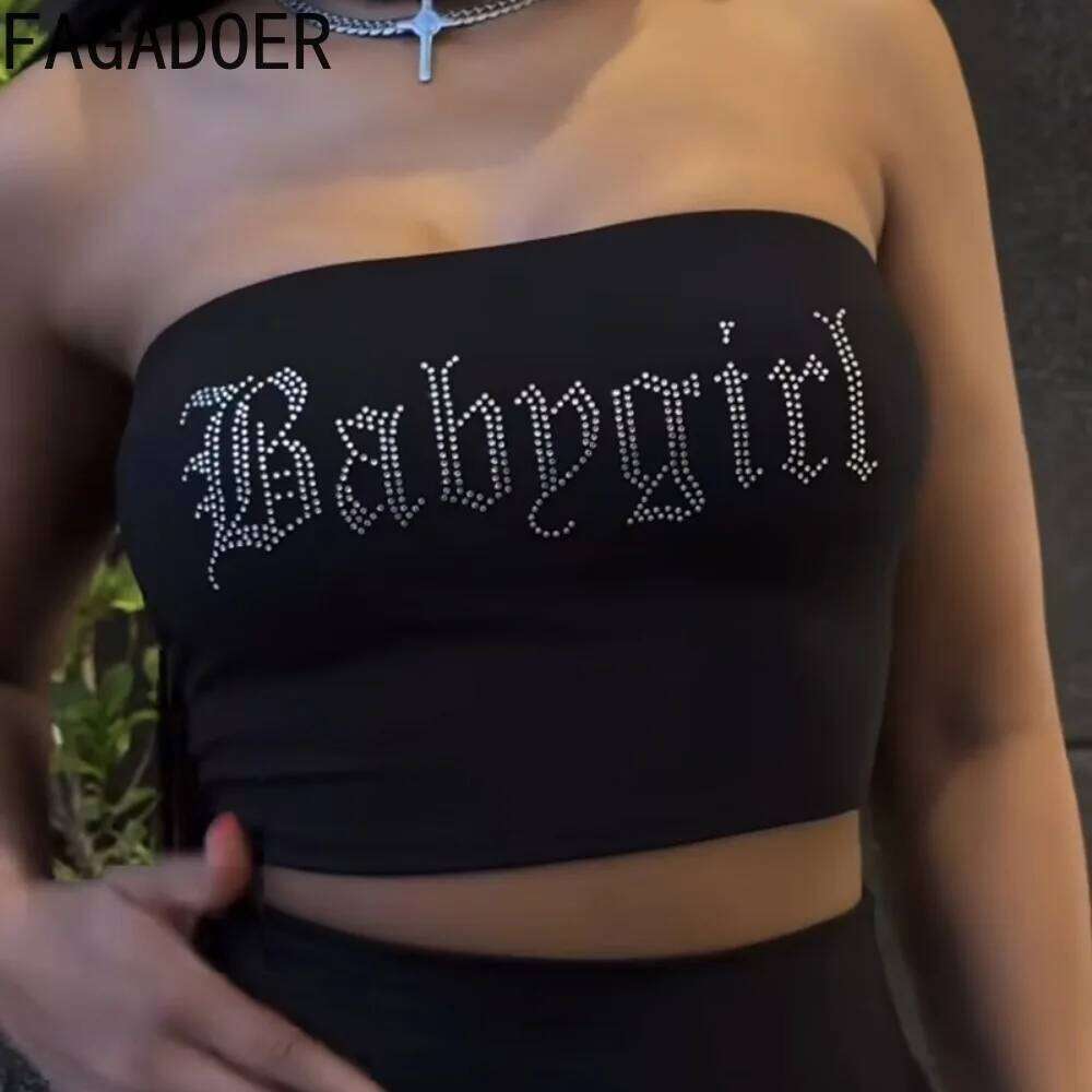 FAGADOER Rhinestone Letter 2 Piece Set for Women Y2K Black Streetwear Fashion Tube Backless Crop Tops And Skiny Pants Suits
