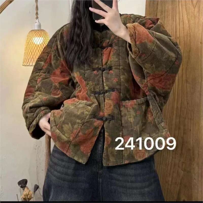 Johnature 2024 Woman Winter New Vintage Style Niche Print Batsleeves Buckle Long Sleeves Single Breasted Loose Parkas