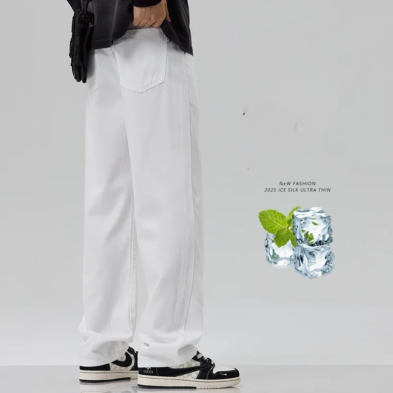 Mens White Jeans Summer Thin Ice Silk Loose Straight Leg Wide Leg Pants Fashionable Washed and Hanging Casual Versatile Pants 250605