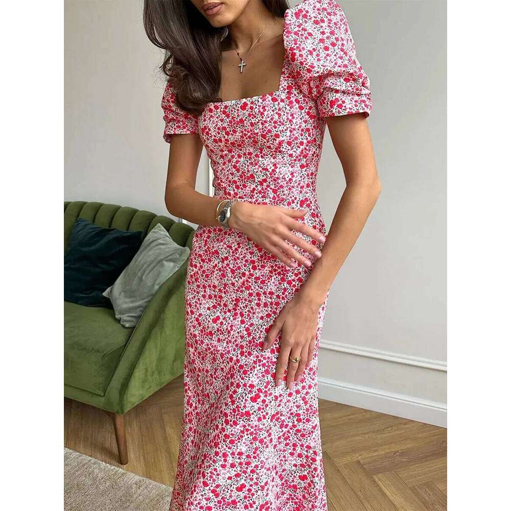 New Fashion Womens Summer Midi Casual Short Puff Sleeve Floral Print A-Line Elegant Flowy Dress Hot Sale S M L