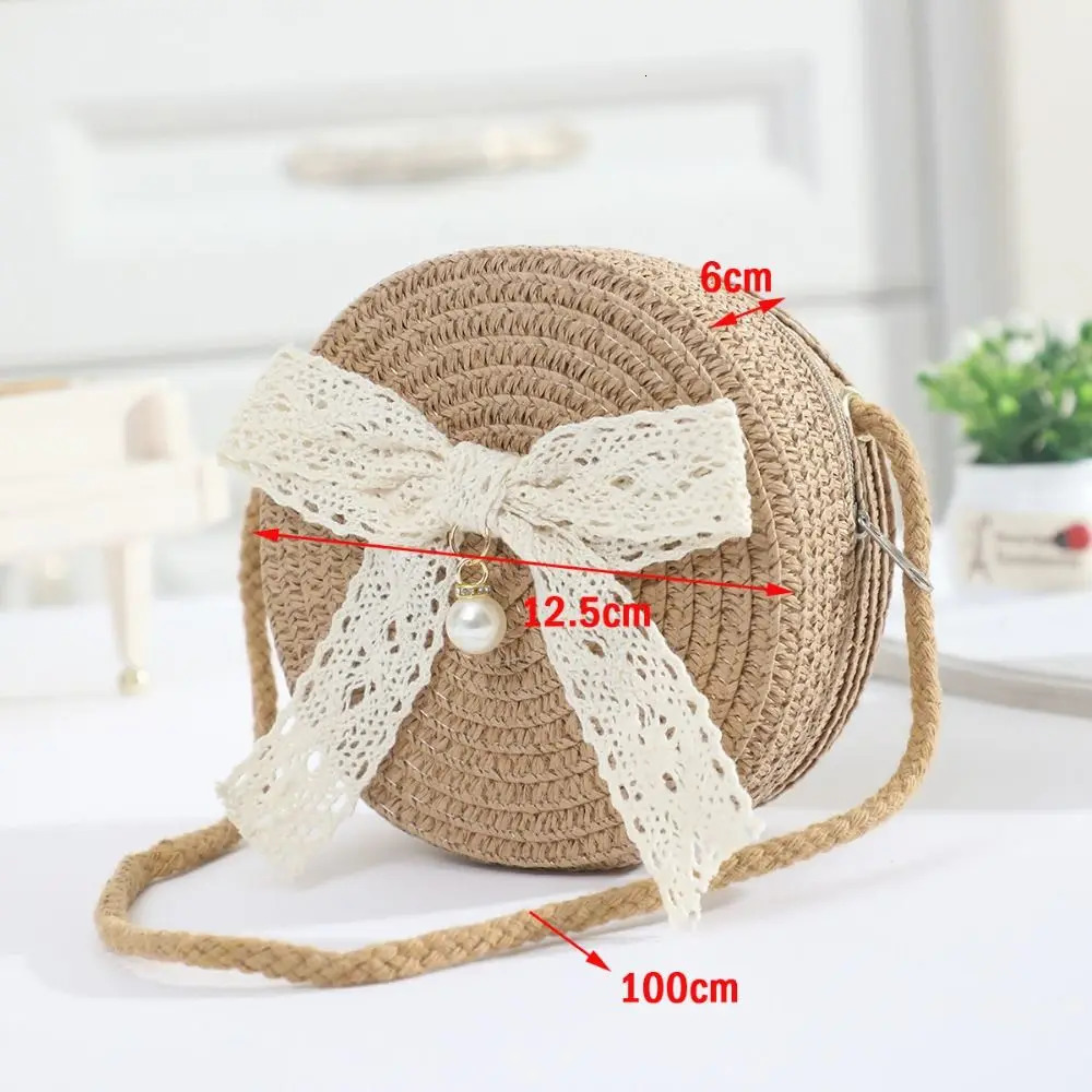 Mini Lace Bow Straw Bag Handwoven Round Summer Beach Zipper Lightweight Kids Crossbody Purse 250605