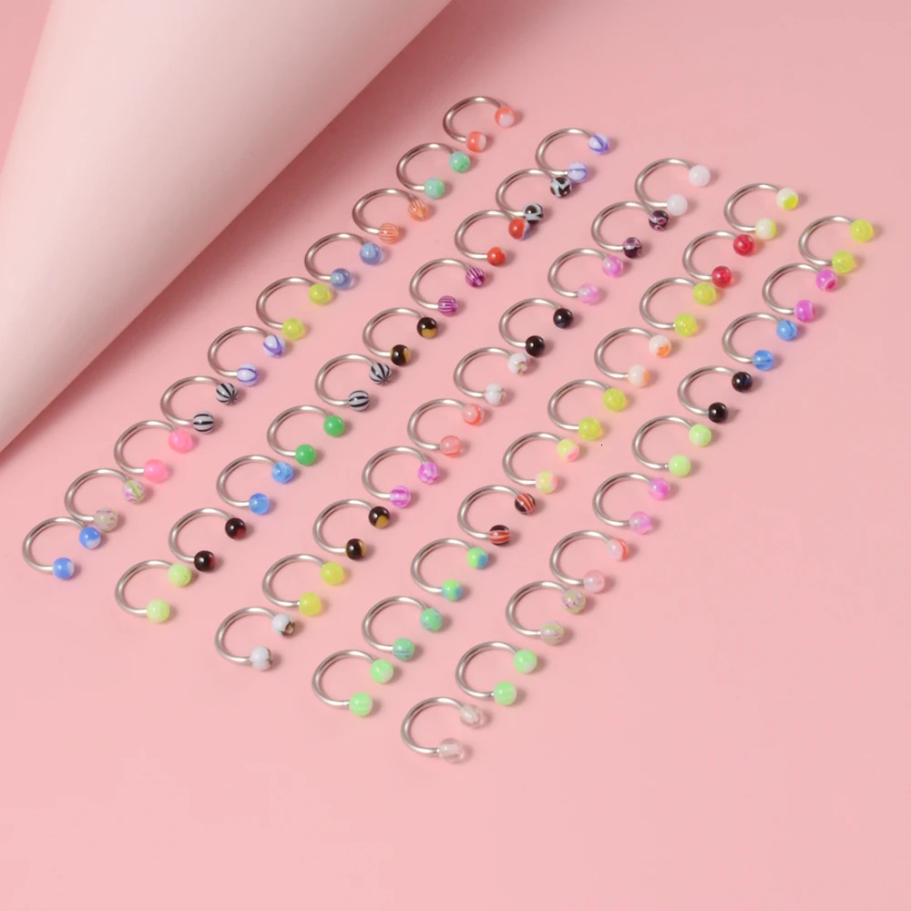 50 Pcs/Lot Mixed Colorful Ball Horseshoe Nose Ring Set Simple Nose Piercing Jewelry Steel Acrylic Nose Studs Body Jewelry 250605