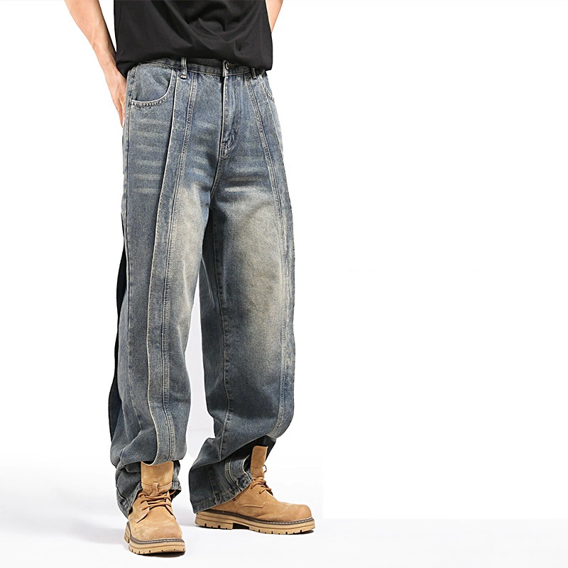 xxxl loose jeans elastic waist men stitching wideleg denim pants straight fashion trend trousers mens clothing bottoms