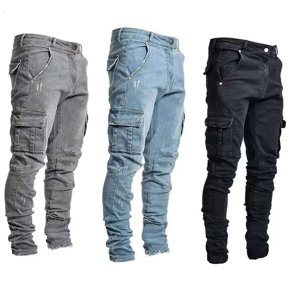 Men Casual Pencil Male Elastic Multi Pocket Small Slim High Street Denim Pants Wash Solid Color Mid Waist Cargo Jeans