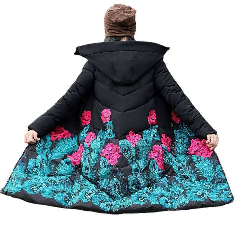 New casual jacket hooded winter embroidery flower thick parka fashion Oversized coat windproof and warm women's clothing