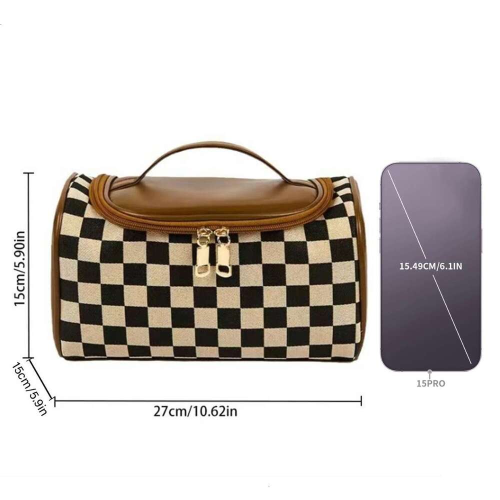 Portable Plaid Fashion Large Capacity Patchwork Toiletry Handheld Zipper Makeup Storage Bag