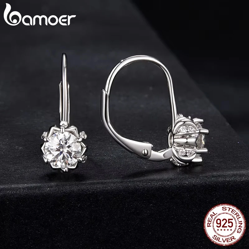 BAMOER Platinum Plated Moissanite Flower Earrings for Women, Round Cut Lab Diamond Real 925 Sterling Silver Hypoallergenic Earrings valentines day Gif