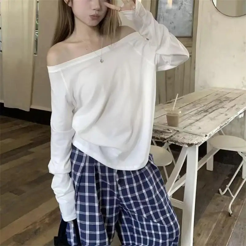 Women Basic style Skew Collar Baggy Off Shoulder Long Sleeve T-shirts White Female Soft Casual Tee shirts Womens Black Top 250605