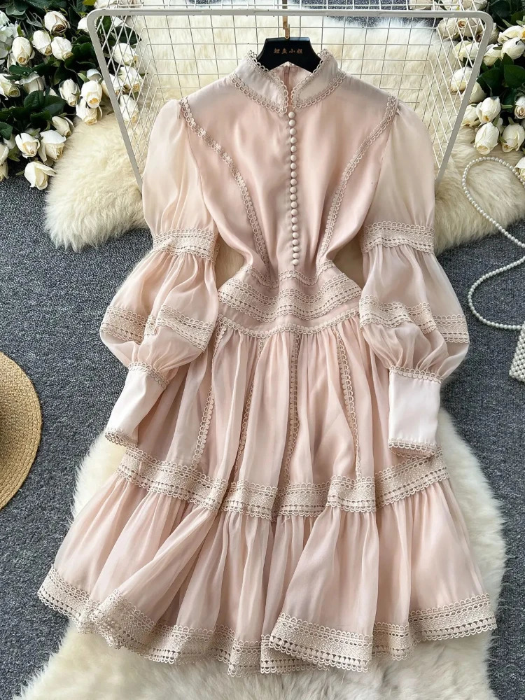 Short Dresses Shirt Women Spring Autumn Single Breasted Stand Collar Embroidered Crochet Formal Occasion Party Vestidos 250605