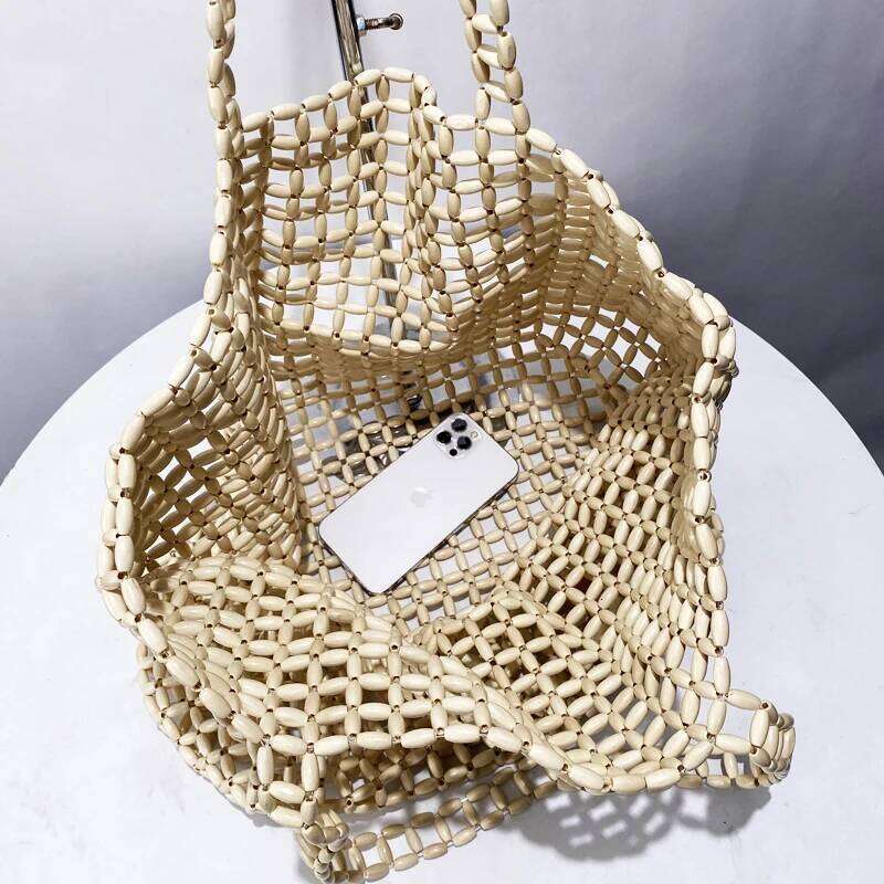 National Large Capacity Beach Tote Bags For Women Designer Handbag Purses 2025 New In Wood Woven Hollow Underarm Shoulder