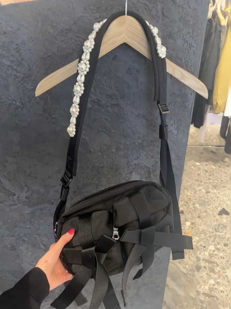 FIRMRANCH Pearl Bead Braided Flower Shoulder Strap Bow Design Canvas Square Single Shoulder Oblique Straddle Bag For Woman Purse M250606