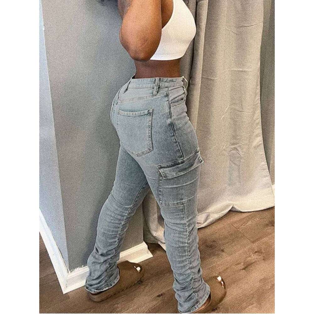 LW Plus Size High Waist Side Flap Pocket Cargo Women Zipper Ruched Design Jeans Causal Skinny Long Trouser