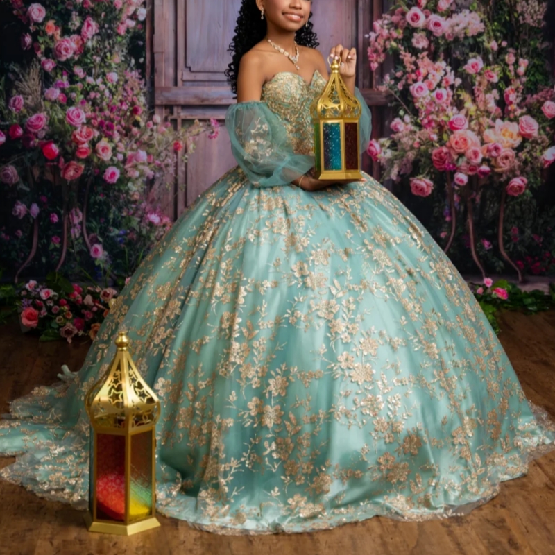 Mint Green Shiny Quinceanera Dresses Ball Gown Off The Shoulder Gold Applique Lace Beads Tull Sweet 16 Dress Vestidos 15 De Anos
