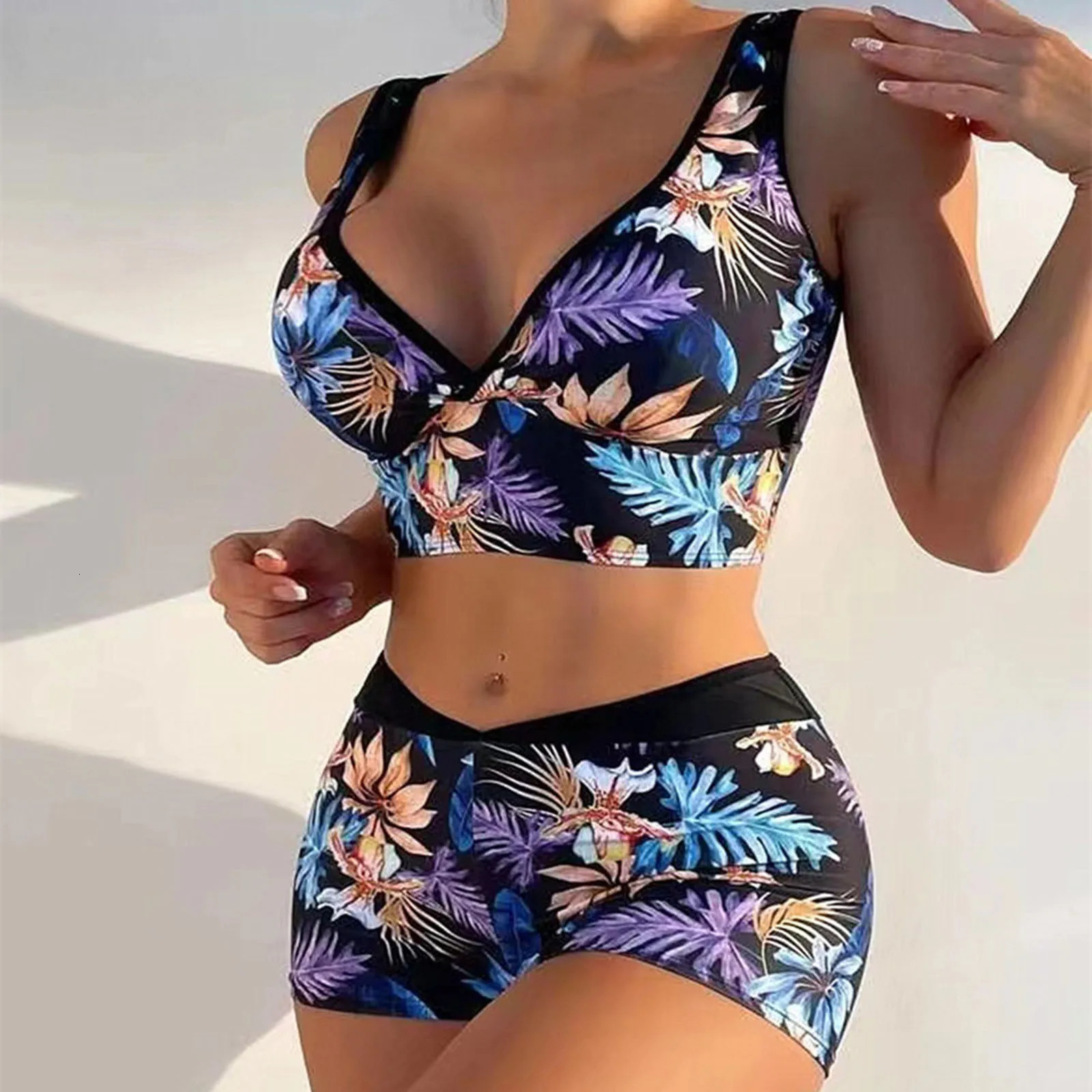 Women High Waisted Print Bikini Wide Shoulder Straps Border Waist Push Up Swimwear Summer Separate TwoPiece Swimsuit 250530