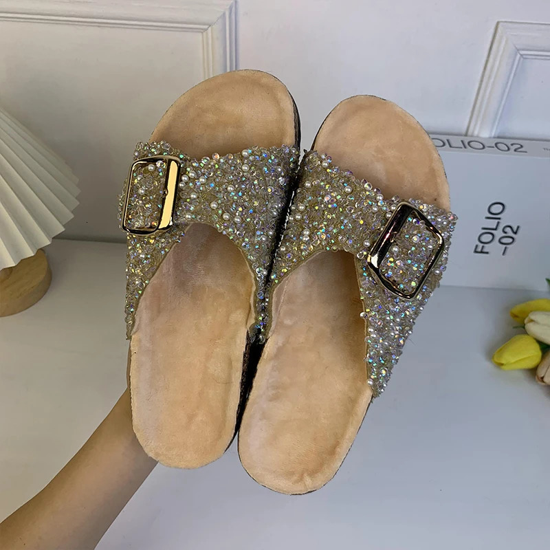 Women Beach Sandals Single Buckle Pearl Sequins Home Fall Leisure Vacation Outside Wear Womens Flat Slippers 250603