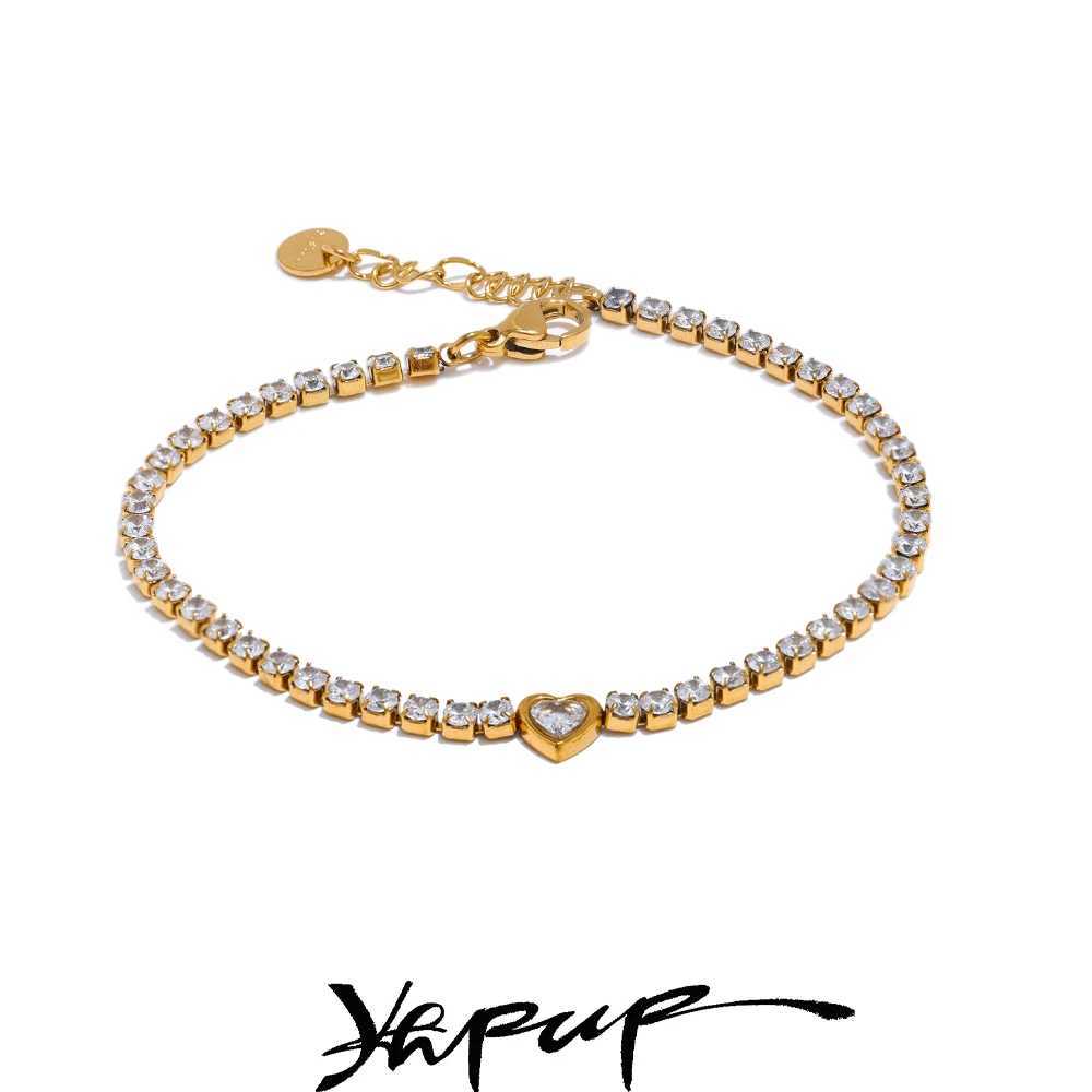 Yhpup Delicate Bling Cubic Zirconia Heart Chain Bracelet Bangle Exquisite Stainless Steel Shiny Waterproof Wrist Jewelry Gift W250606