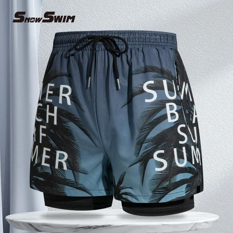 Double-layer Swim Trunks for Men Boxer Shorts Anti-embarrassment Lined with Professional Beach Pants Adult Swim Gear 250530
