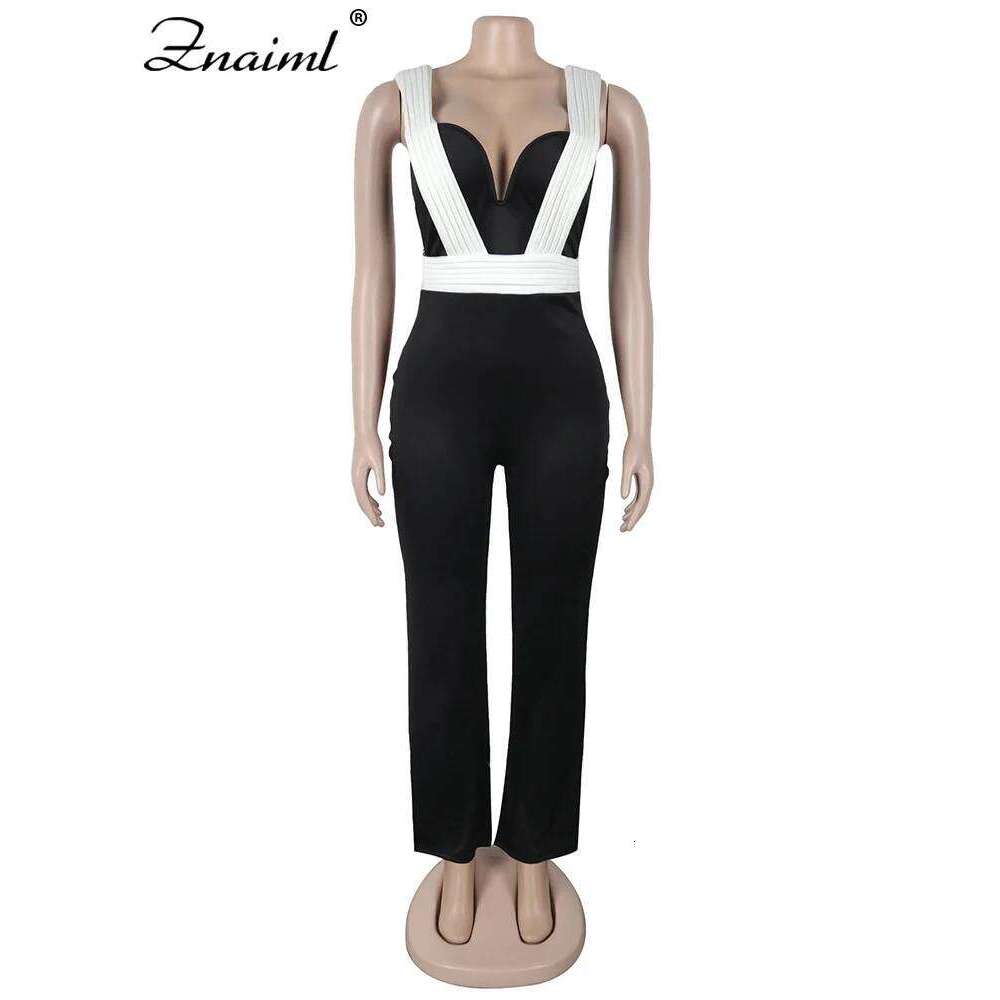 Znaiml Black White Patchwork Wide legs Jumpsuit Women Sleeveless Cut Out Loose Rompers Elegant Evening Party One Pieces Outfits