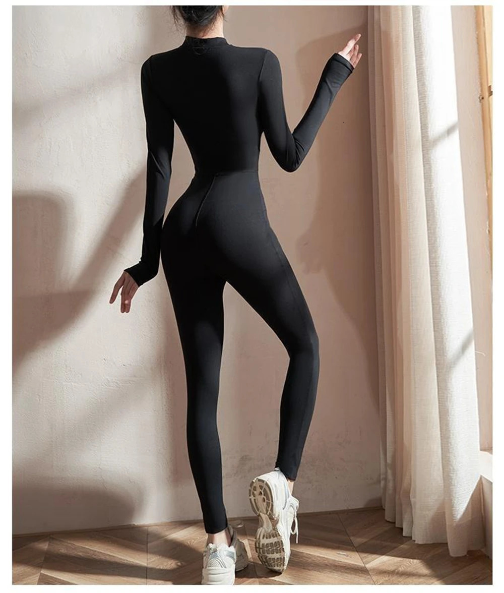 Womens Jumpsuits Long Sleeve Yoga Slim Fit Stretch One Piece Romper Sexy Fitness Female Black Basic Sportswear Tight Zipper 250603