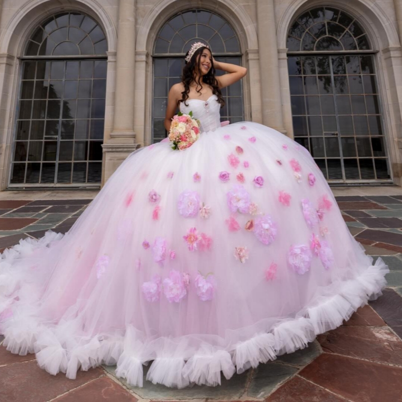 White Quinceanera Dresses Ball Gown Off The Shoulder Applique Flower Beads Tiered Tull Sweet 16 Dress Vestidos 15 De Anos