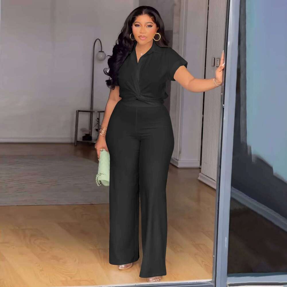 Summer New N8088 plus Size Women's Pure Color Short Sleeve Shirt High Waist Pants Two Piece Set Casual Comfortable Outfit