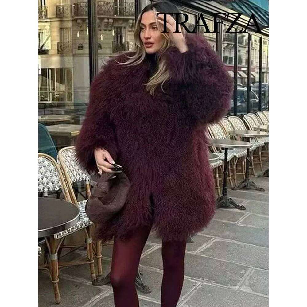TRAFZA Women Faux Fur Jackets Loose Sleeves Turn Down Collar Warm Winter Long Coat Female Wine Red Vintage Casual Outerwear