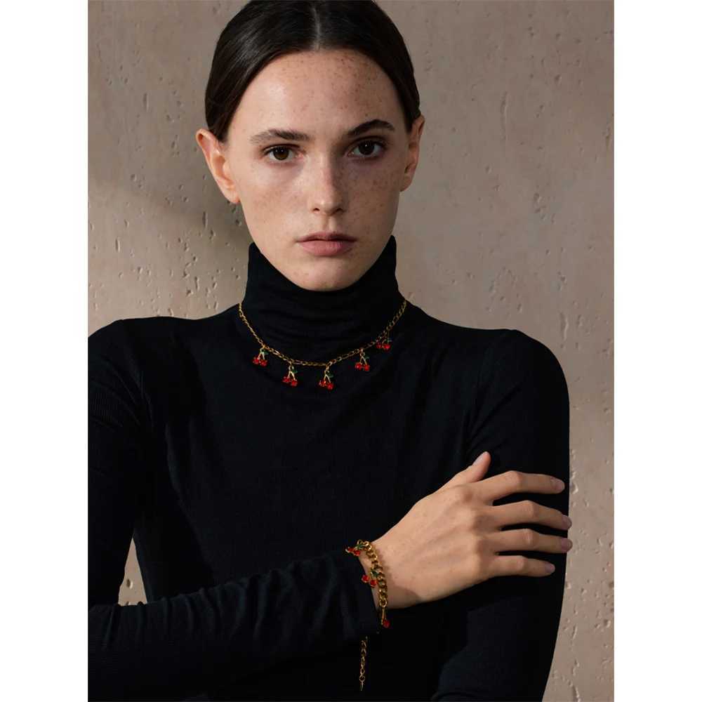 Yhpup Hot Style Stainless Steel Cubic Zirconia Cherry Drop Chain Necklace Bracelet Bangle 18K Gold Color Plated Delicate Jewelry Y250605