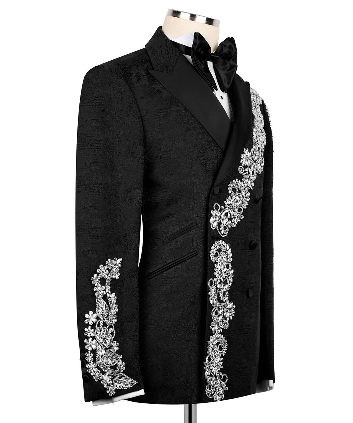 Luxury Man Suits Beading Peaked Lapel Party Prom 2 Pieces Set Blazer Rhinestone Customized Evening Double Breasted Jacket Pants Plus Size