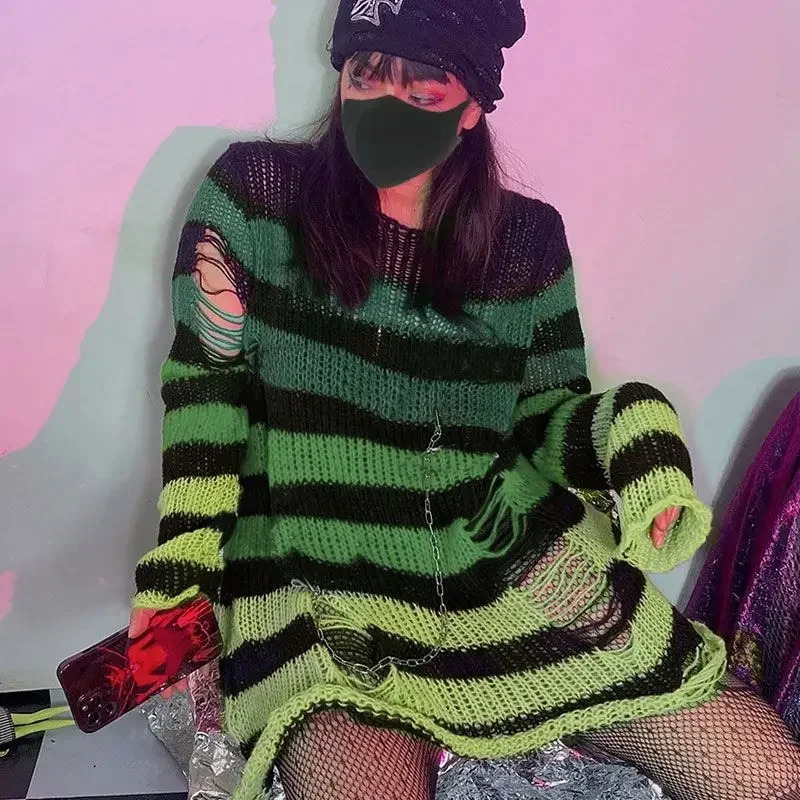 Purple Striped Gothic Sweater Ripped Holes Loose Knitted Pullover Frayed Fairy Grunge Jumpers Emo Streetwear Lolita 250530