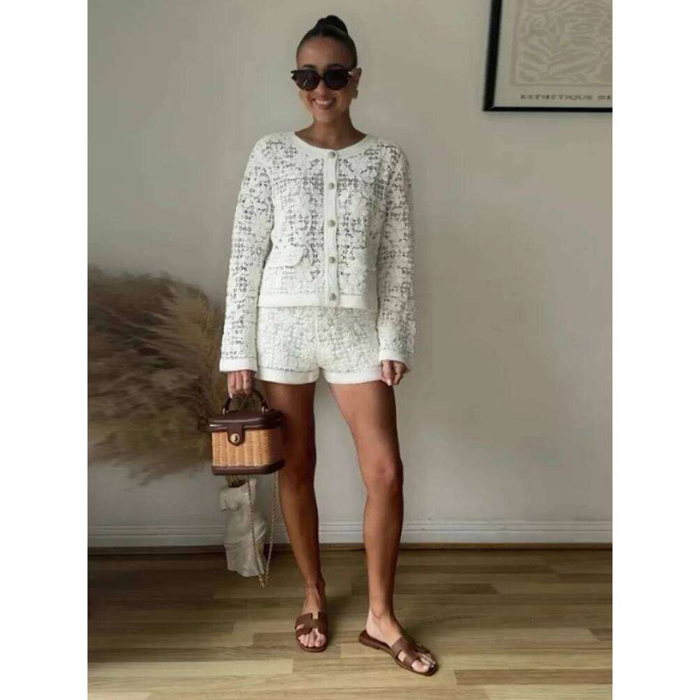 Chic Knitted Flowers Cardigan Shorts Set Women Casual Loose Hollow Out Button Tops High Waist Pants Female's Sets Spring Outfits