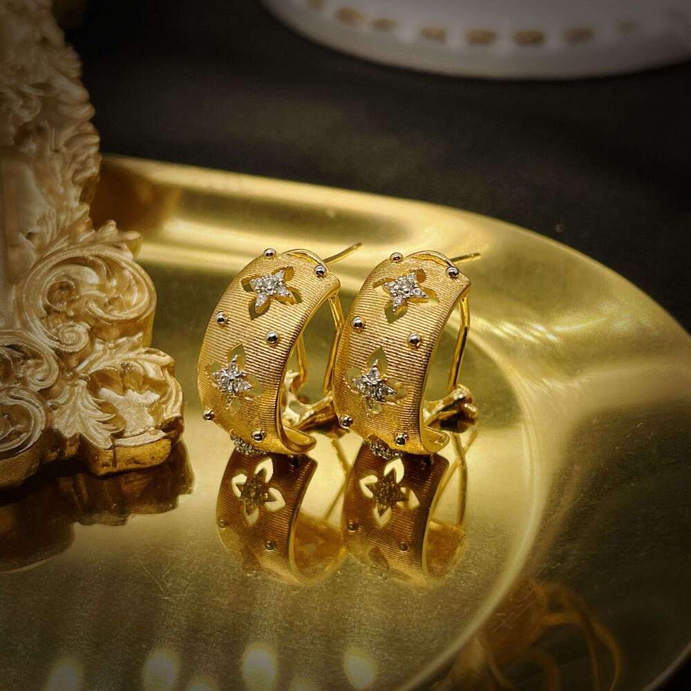 Italian Handmade Brushed Palace Style Two-Tone Craft Cloth Qi Lift Ring Real Gold Plated French Earrings
