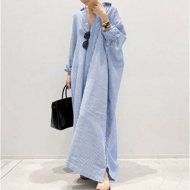 New Loose Striped Print Fashion Women's Plus Size Long Dress Cardigan B5