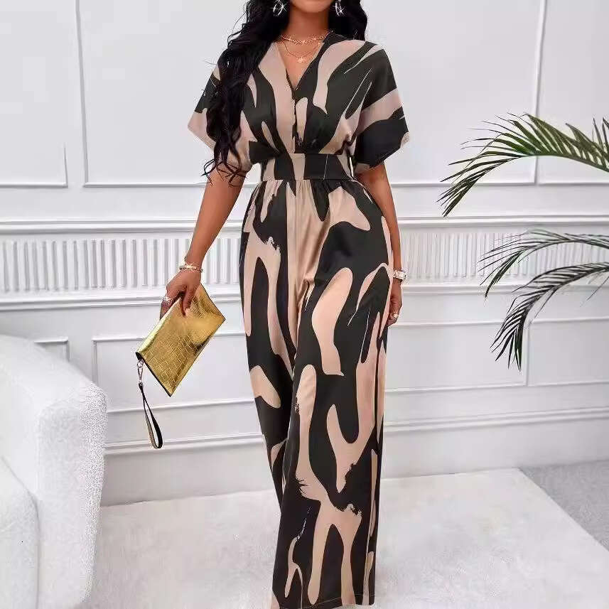 Women's Fashion Elegant V-Neck Full Print Batwing Sleeve Wide-Leg Jumpsuit B5